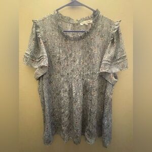 Rose & Olive Blue Floral Blouse with Ruffle Sleeves